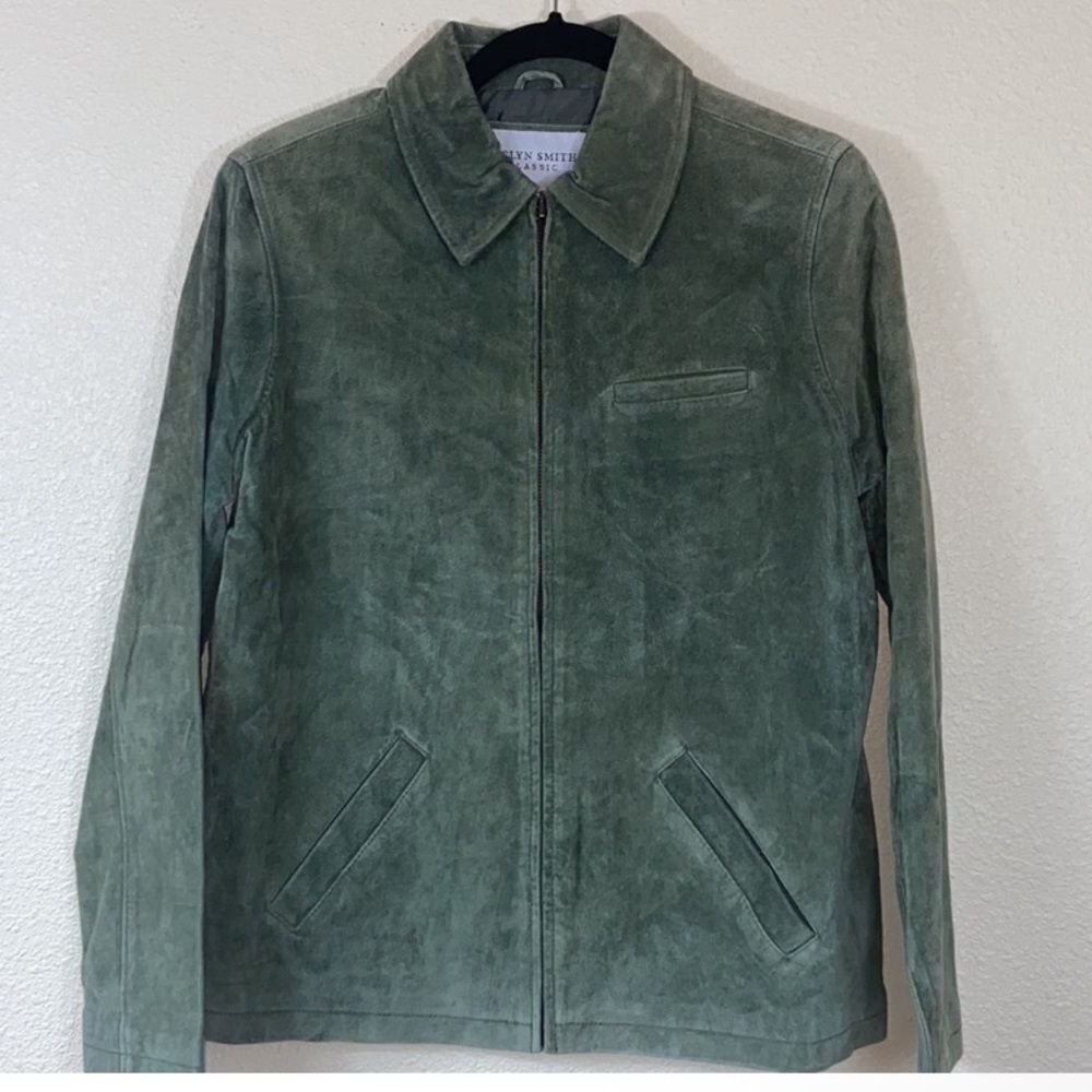 Jaclyn Smith Genuine Leather Suede Green Lightweight Jacket with Classic Collar